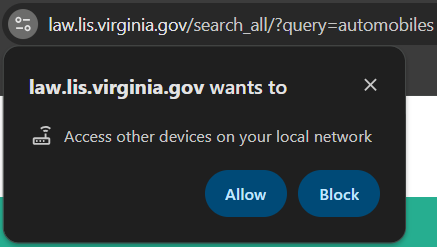 Screenshot of the Chrome browser popup asking the user if they would like to allow the browser to access other devices on the local network.