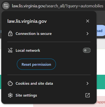 Screenshot of the Chrome browser site information popup that displays after clicking site information next to the current URL.